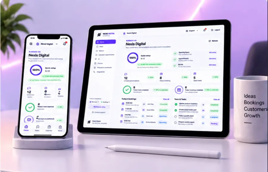 Illustration of the NEXIS dashboard on a tablet and phone, using sample data